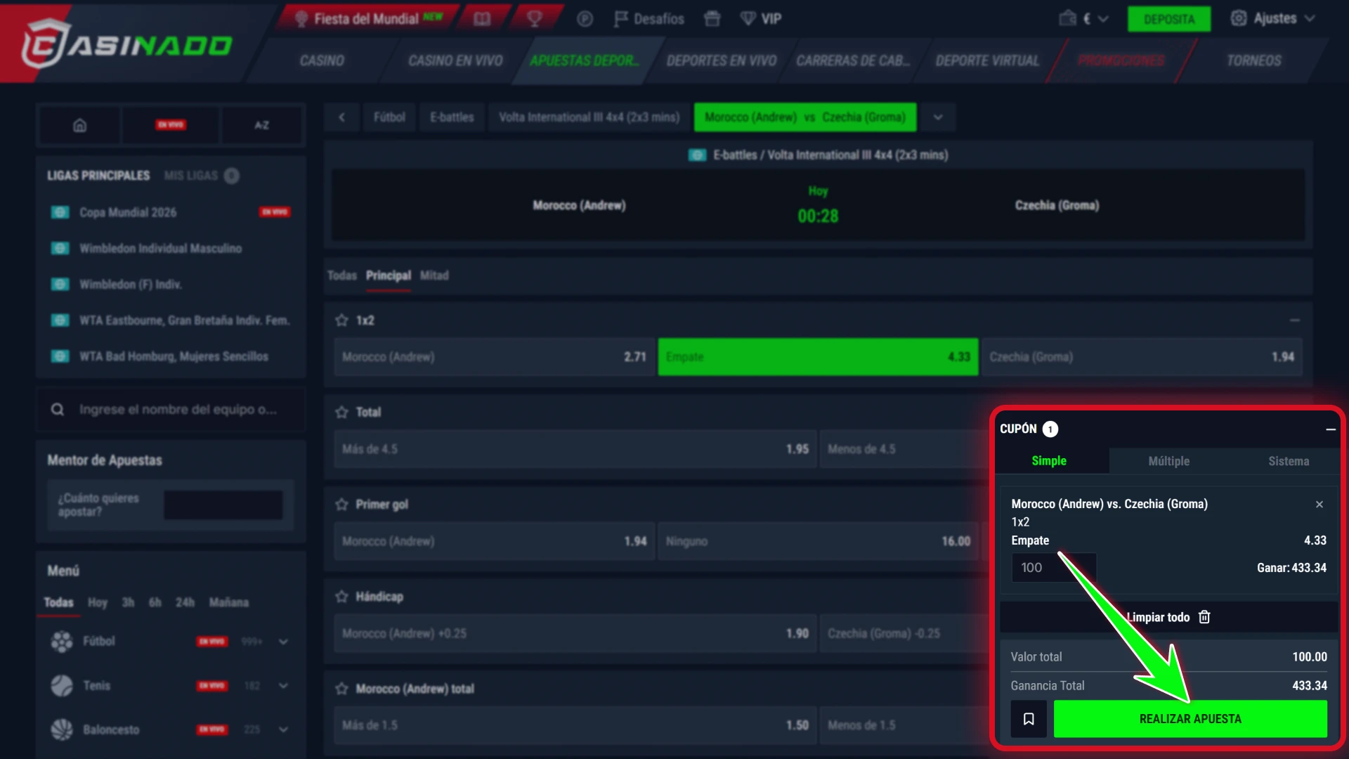 Confirma tu boleto de apuestas de fútbol en Casinado oficial.