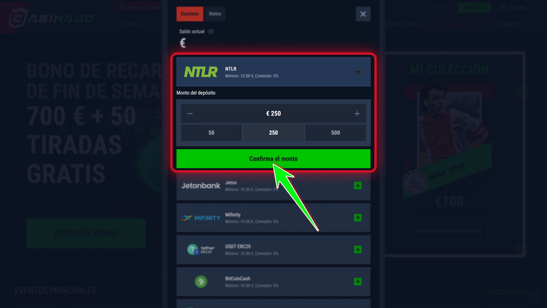 Añade saldo real usando el cajero seguro de Casinado oficial.