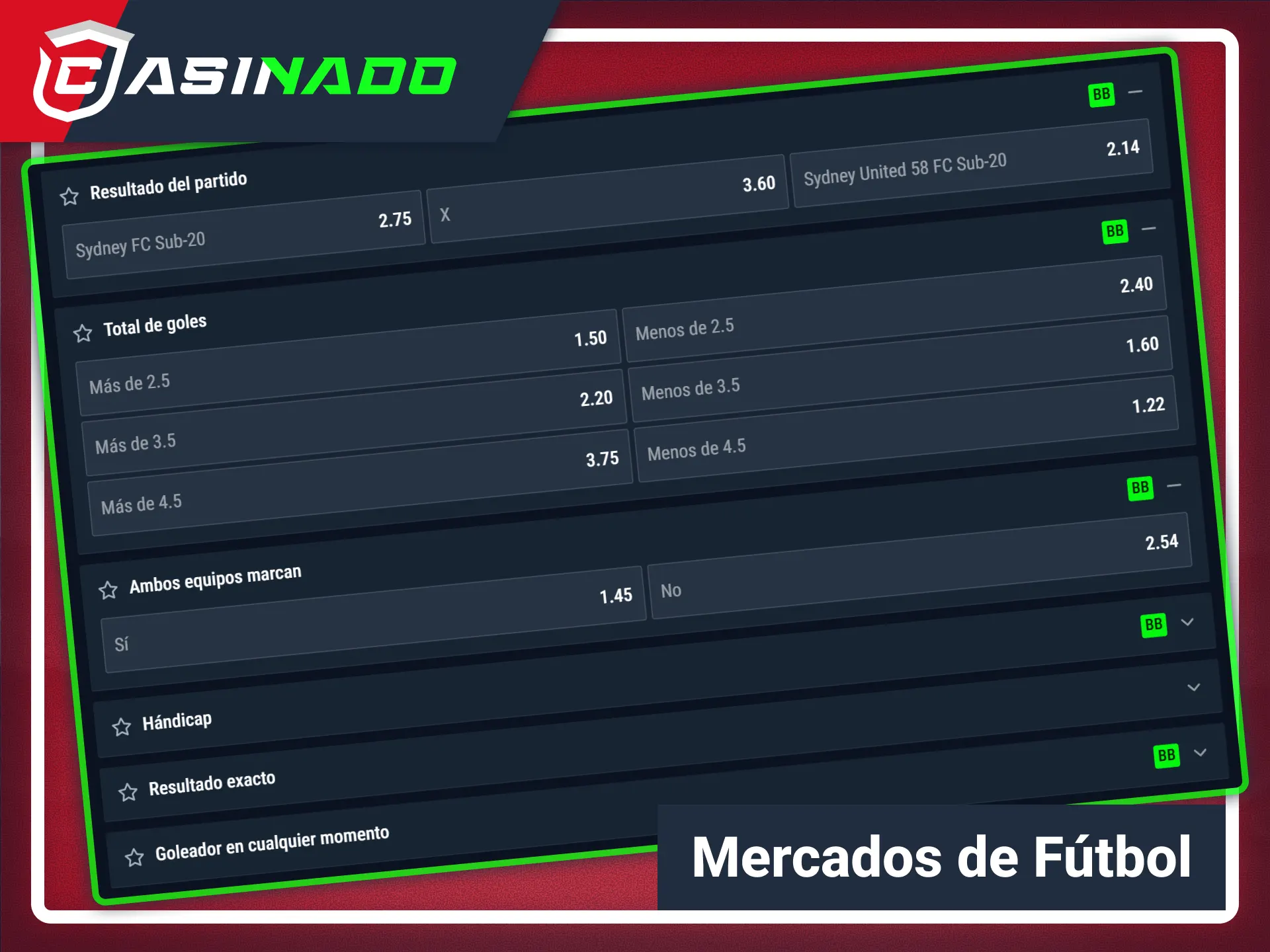 Encuentra diversos mercados de apuestas de fútbol en Casinado oficial.