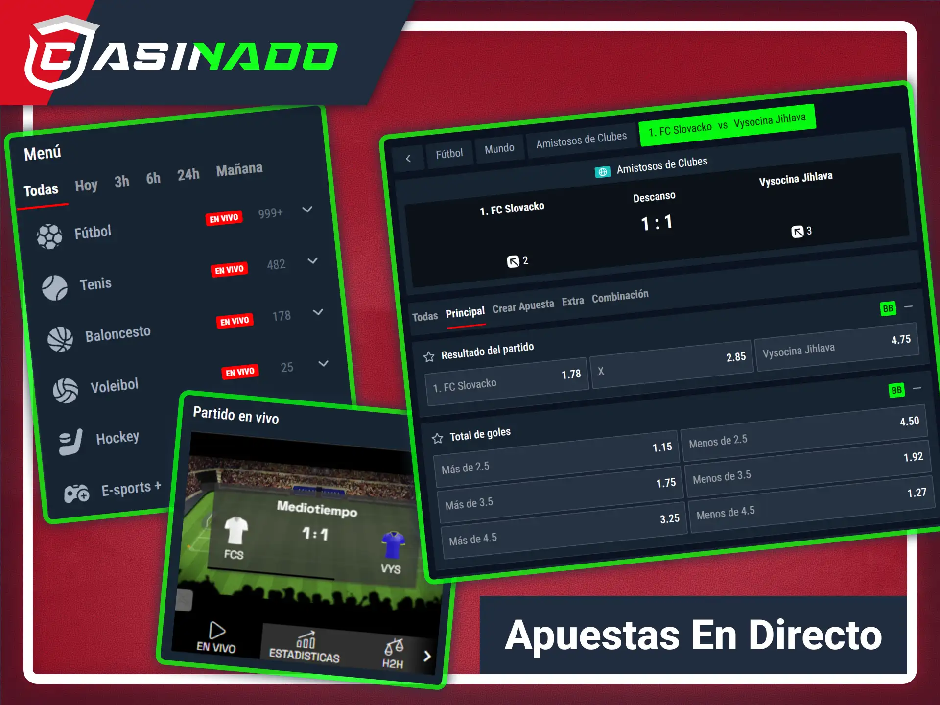 Realiza apuestas deportivas en vivo mediante la plataforma Casinado oficial.