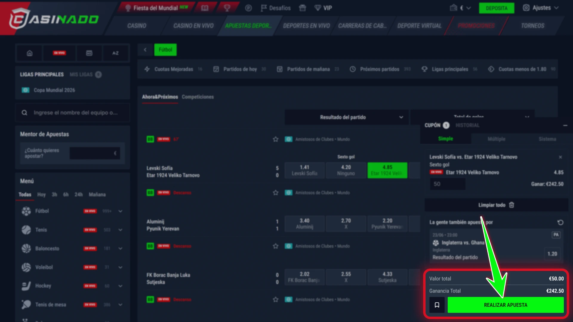 Confirma tu boleto de apuestas deportivas en Casinado plataforma oficial.