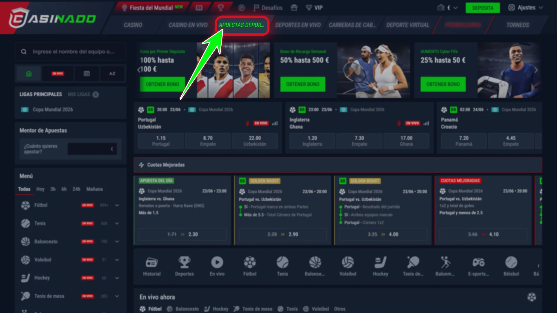 Selecciona tu competición deportiva favorita dentro de Casinado portal oficial.