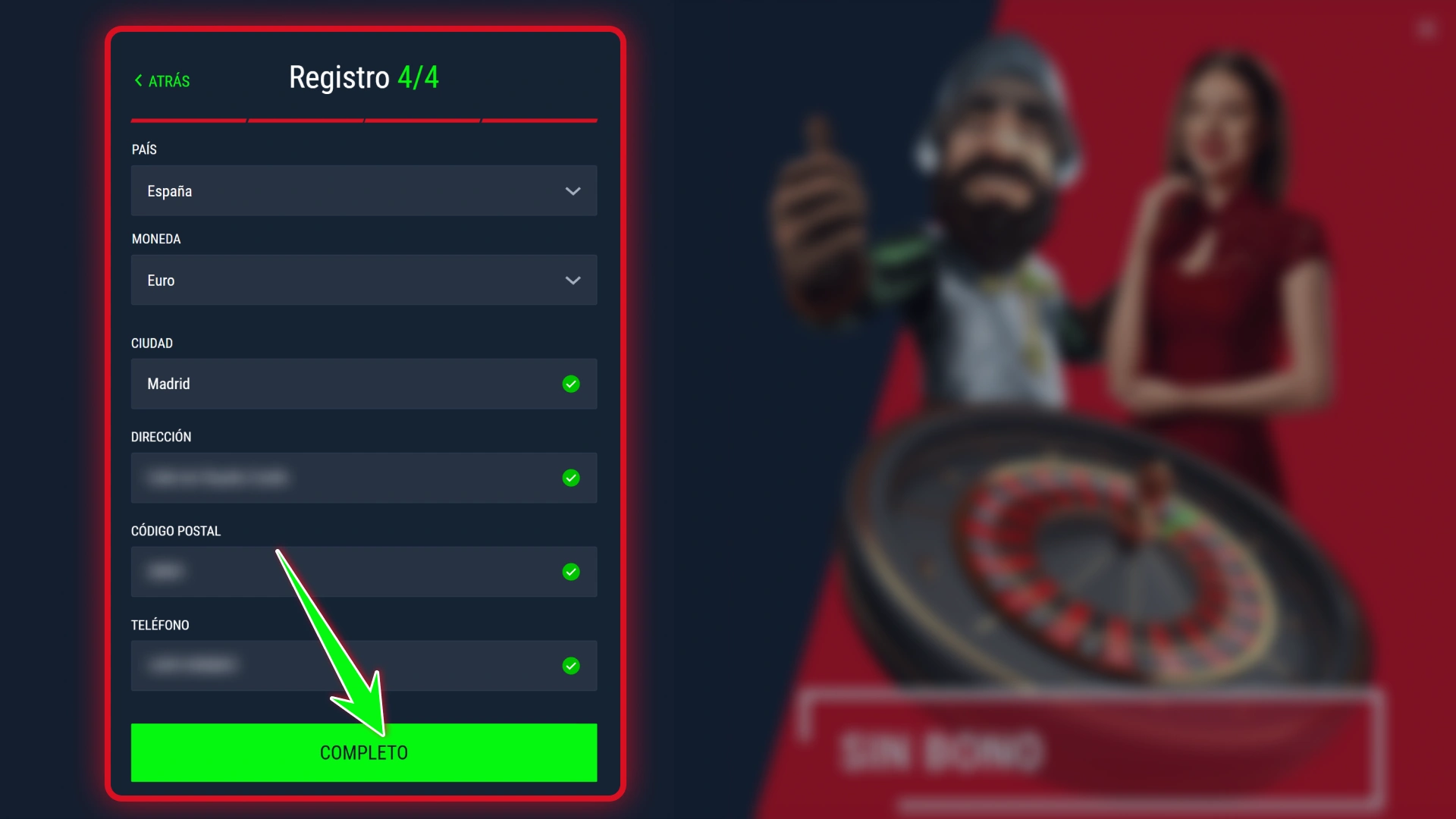 Completa tu registro de nuevo usuario en Casinado oficial.
