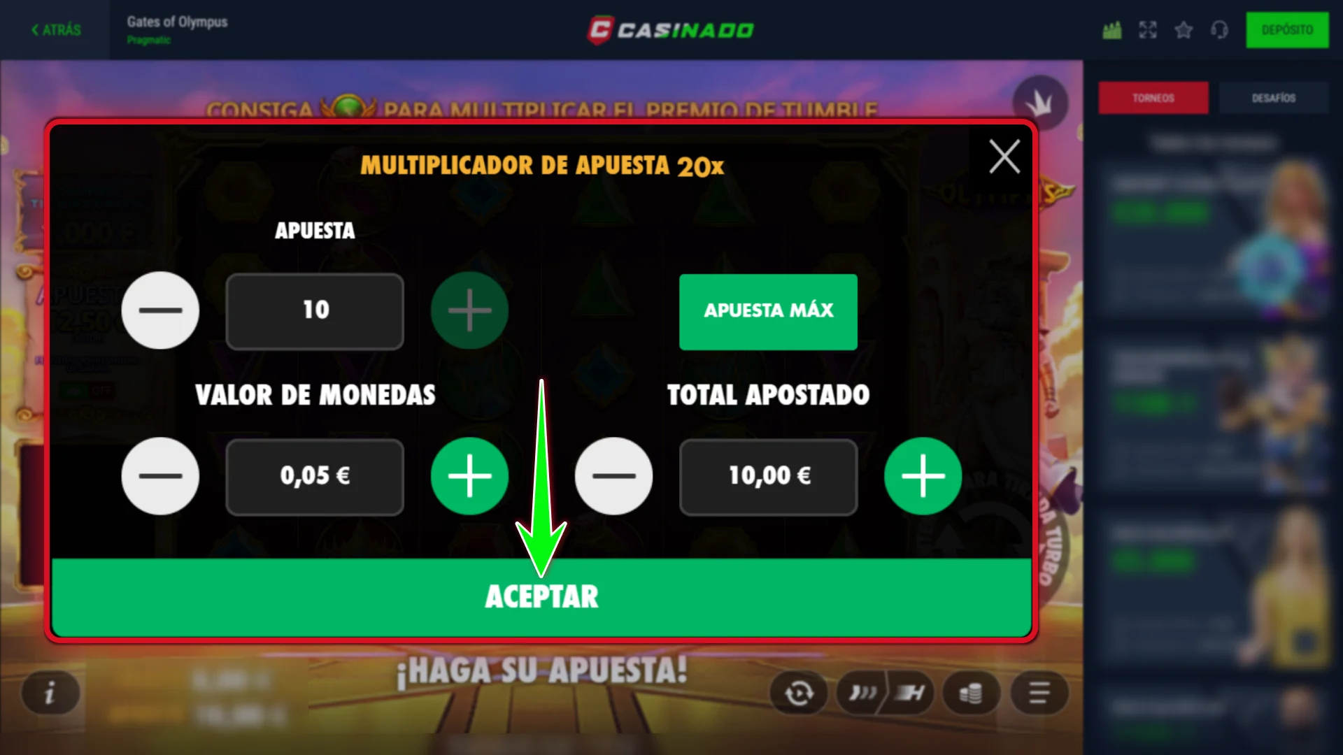 Configura el importe de tu apuesta por giro en Casinado oficial.